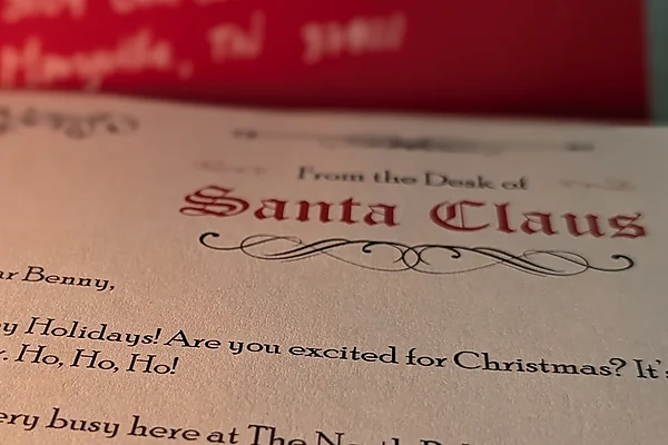 Macro photo of a printed letter from Santa in a black serif font under a From the Desk of Santa Claus letterhead