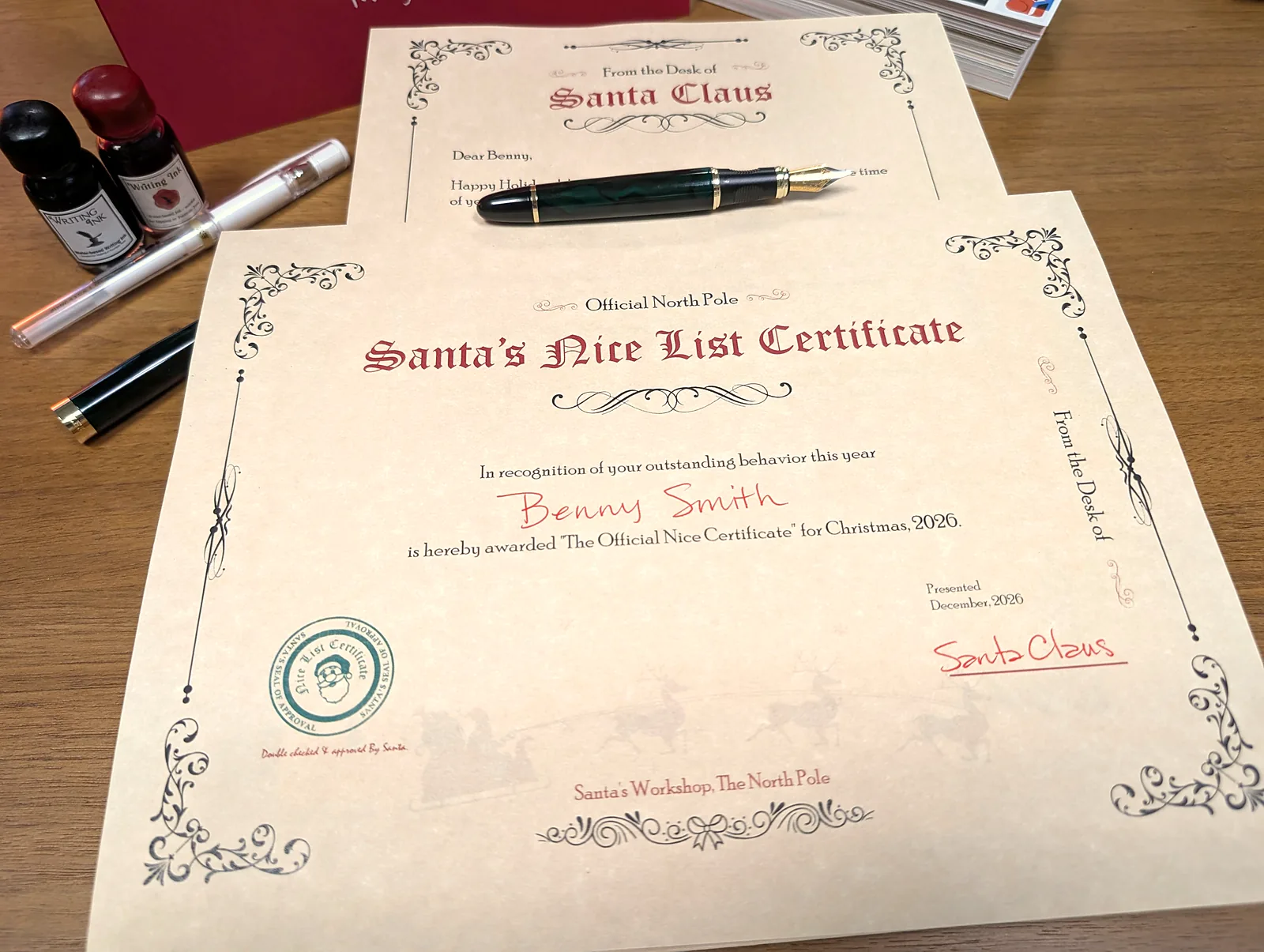 Santa's Nice List Certificate on cream parchment, Official North Pole, with the child's name handwritten in red ink, Santa Claus signed by hand in red, presented December 2026, with a green seal